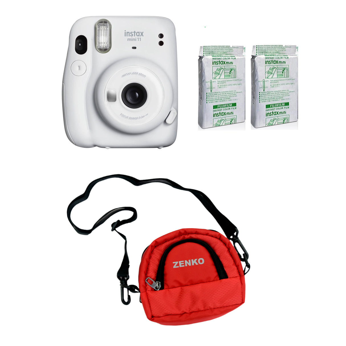 FUJIFILM INSTAX Mini 11 Instant Film Camera with Twin Pack of Instant Film With Red Pouch Kit (20 Exposures) Ice White