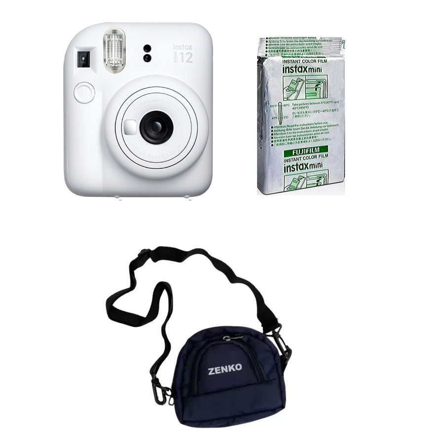 FUJIFILM INSTAX Mini 12 Instant Film Camera with 10X1 Pack of Instant Film With Blue Pouch Kit (10 Exposures) Clay White