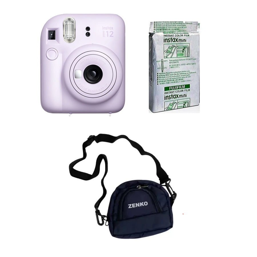 FUJIFILM INSTAX Mini 12 Instant Film Camera with 10X1 Pack of Instant Film With Blue Pouch Kit (10 Exposures) Lilac Purple