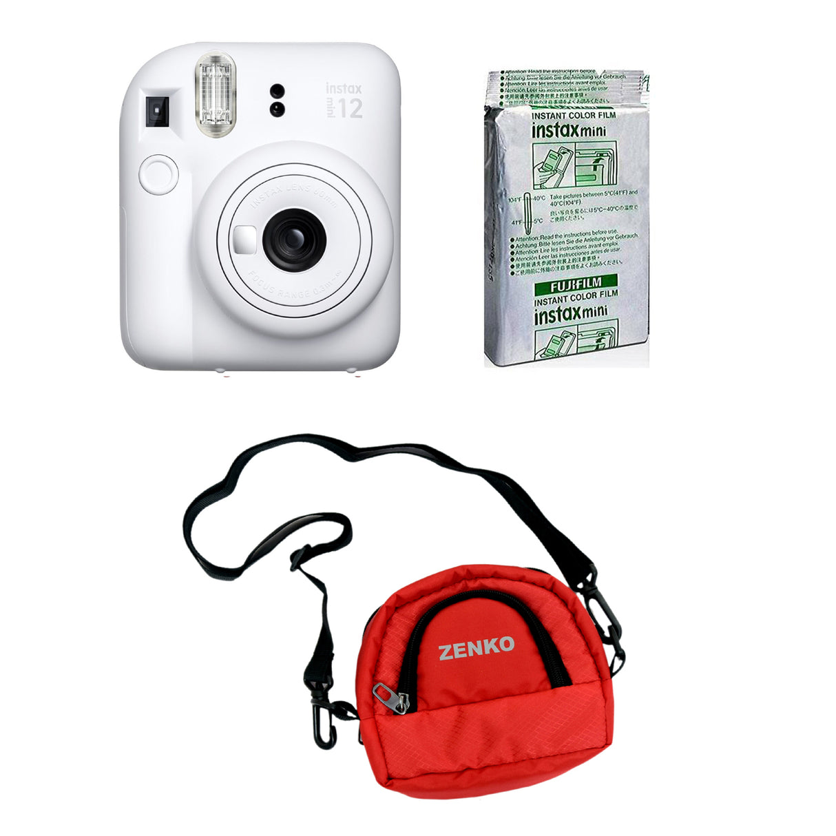 FUJIFILM INSTAX Mini 12 Instant Film Camera with 10X1 Pack of Instant Film With Red Pouch Kit (10 Exposures) Clay White