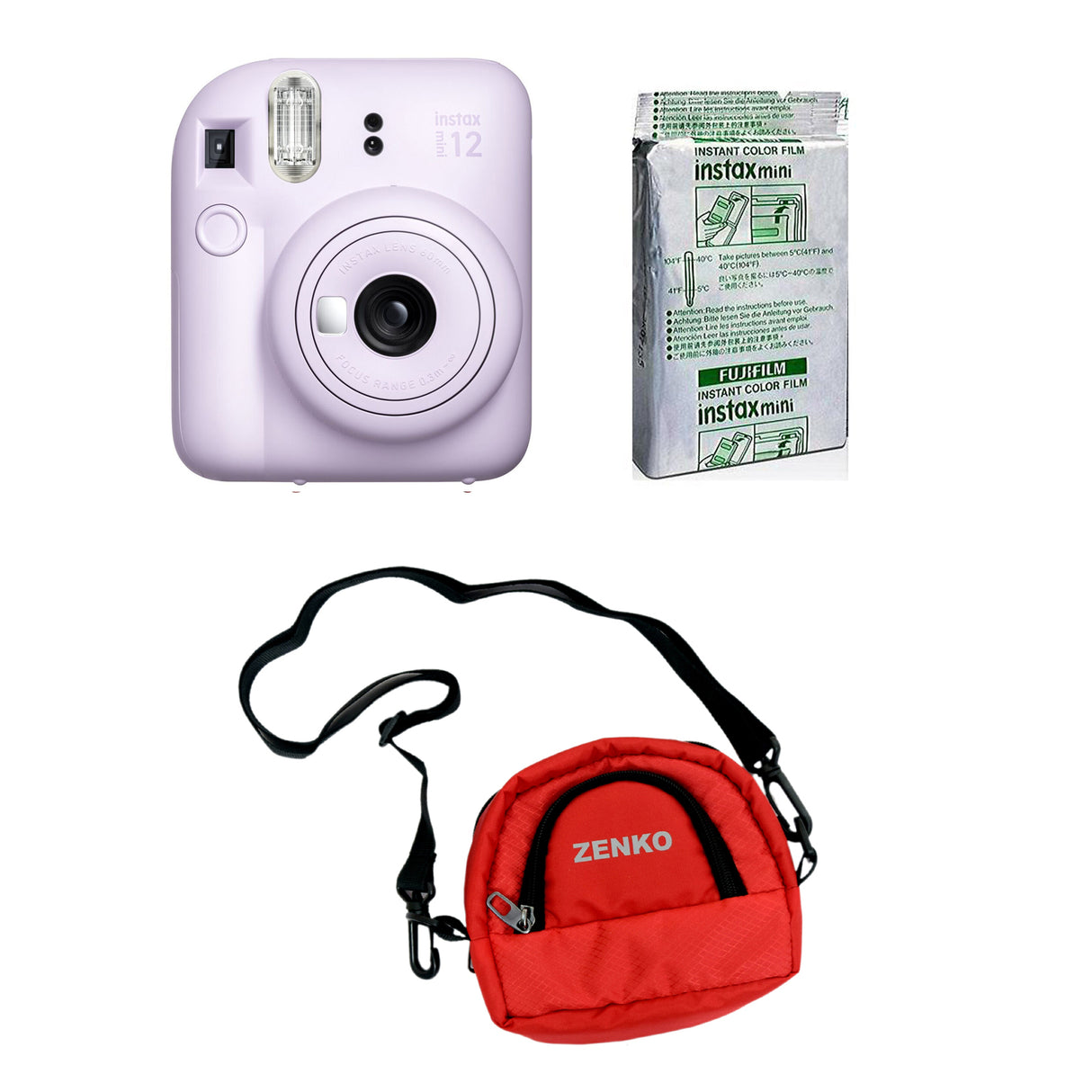 FUJIFILM INSTAX Mini 12 Instant Film Camera with 10X1 Pack of Instant Film With Red Pouch Kit (10 Exposures) Lilac Purple