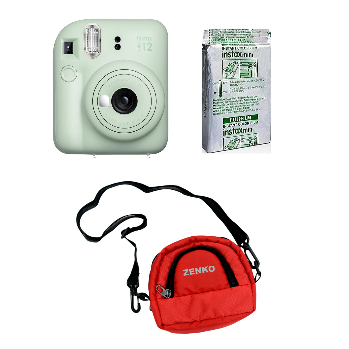 FUJIFILM INSTAX Mini 12 Instant Film Camera with 10X1 Pack of Instant Film With Red Pouch Kit (10 Exposures) Mint Green