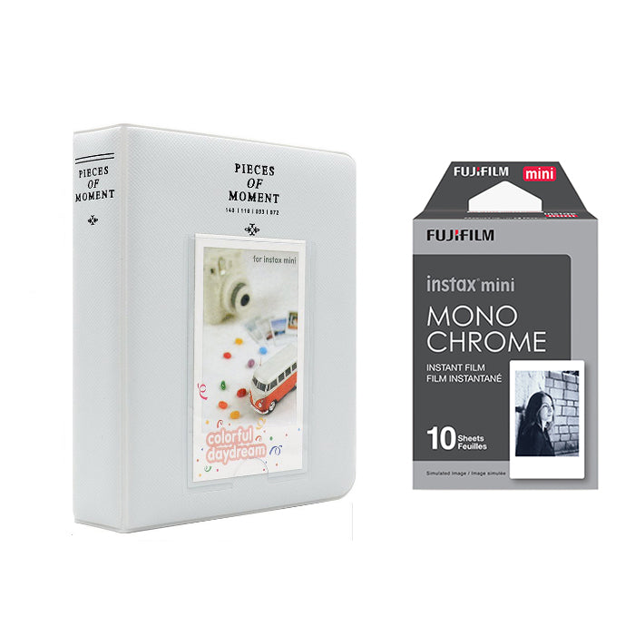 Fujifilm Instax Mini 10X1 Monochrome Instant Film with Instax Time Photo Album 64 Sheets Pearly white