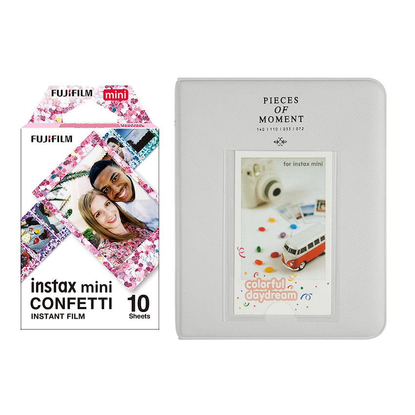 Fujifilm Instax Mini 10X1 confetti Instant Film with Instax Time Photo Album 64 Sheets Smokey white