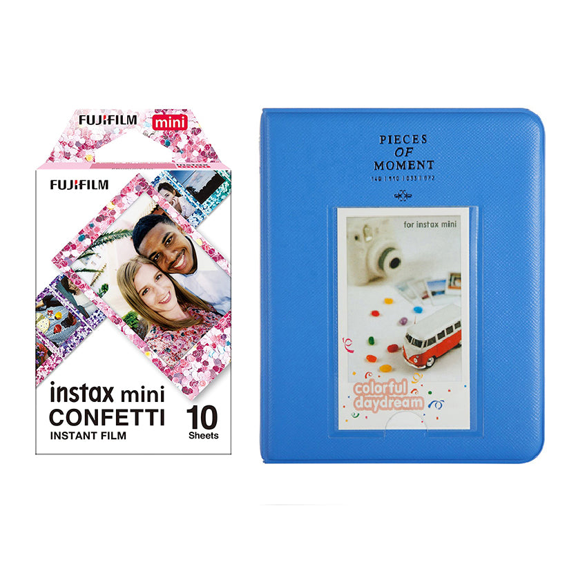 Fujifilm Instax Mini 10X1 confetti Instant Film with Instax Time Photo Album 64 Sheets Cobalt blue