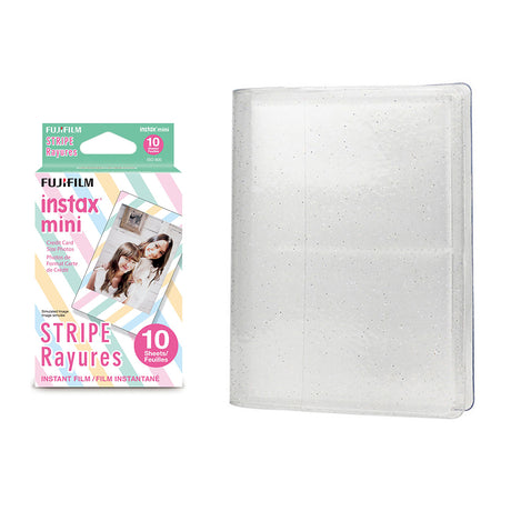 Fujifilm Instax Mini 10X1 stripe Instant Film with 64-Sheets Album For Mini Film 3 inch lce white