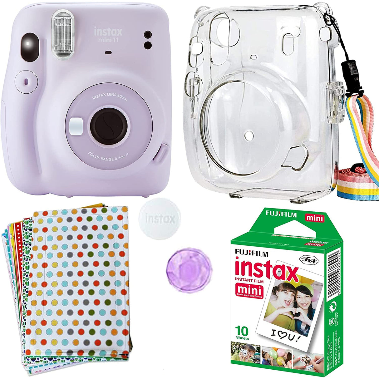 Fujifilm Instax Mini 11 Camera with Clear Case, Films and Stickers Bundle Lilac Purple