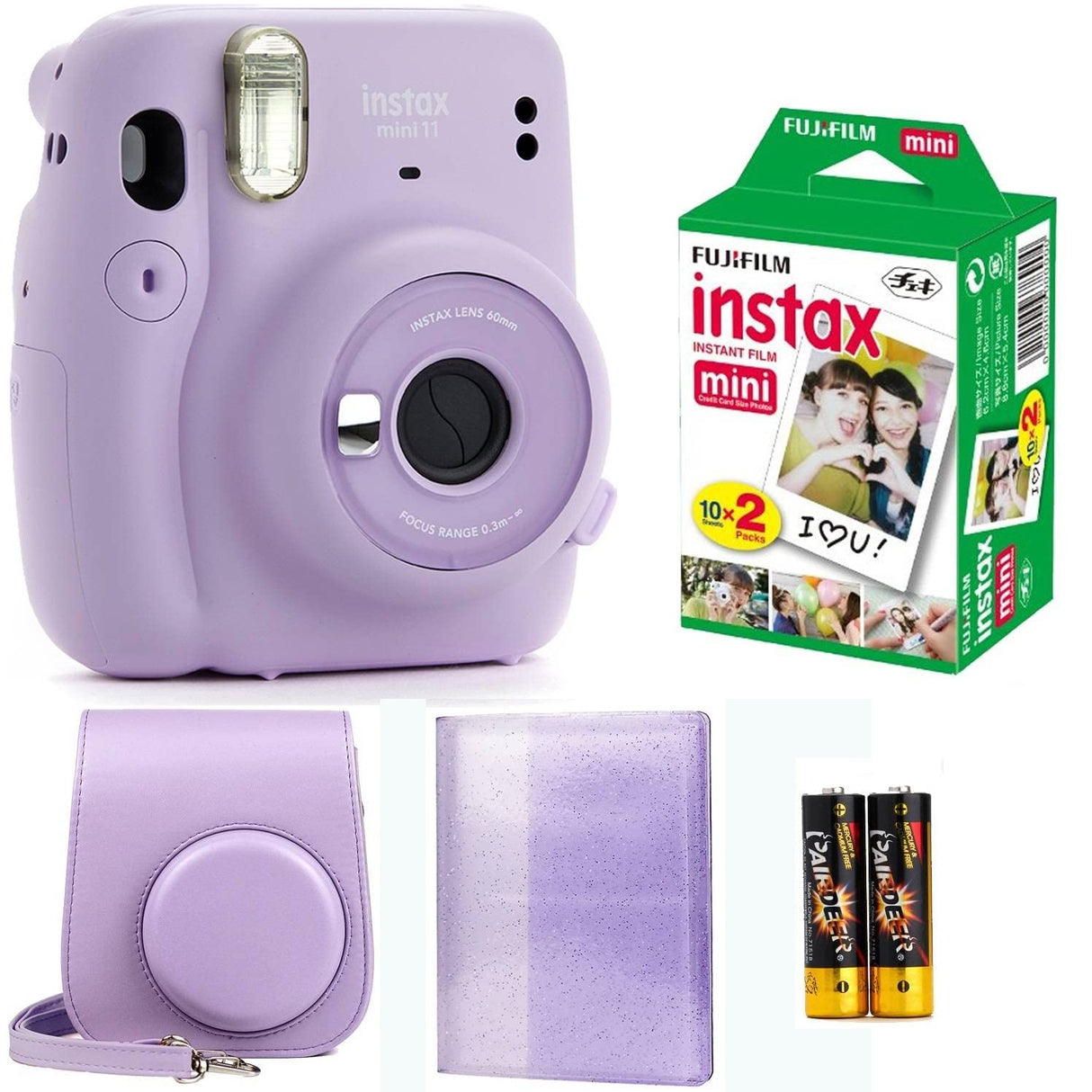 Fujifilm Instax Mini 11 Instant Camera | Instax Mini Twin Pack Film | Glitter Photo Album Holds 64 Photos | Groovy Case Lilac Purple