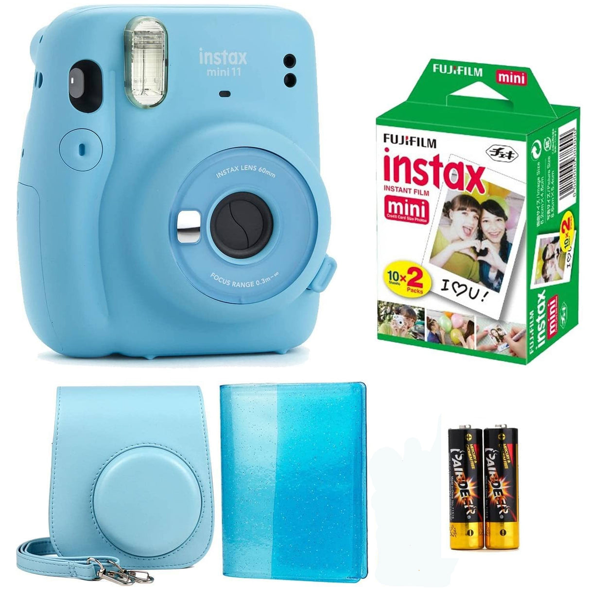 Fujifilm Instax Mini 11 Instant Camera | Instax Mini Twin Pack Film | Glitter Photo Album Holds 64 Photos | Groovy Case Sky Blue