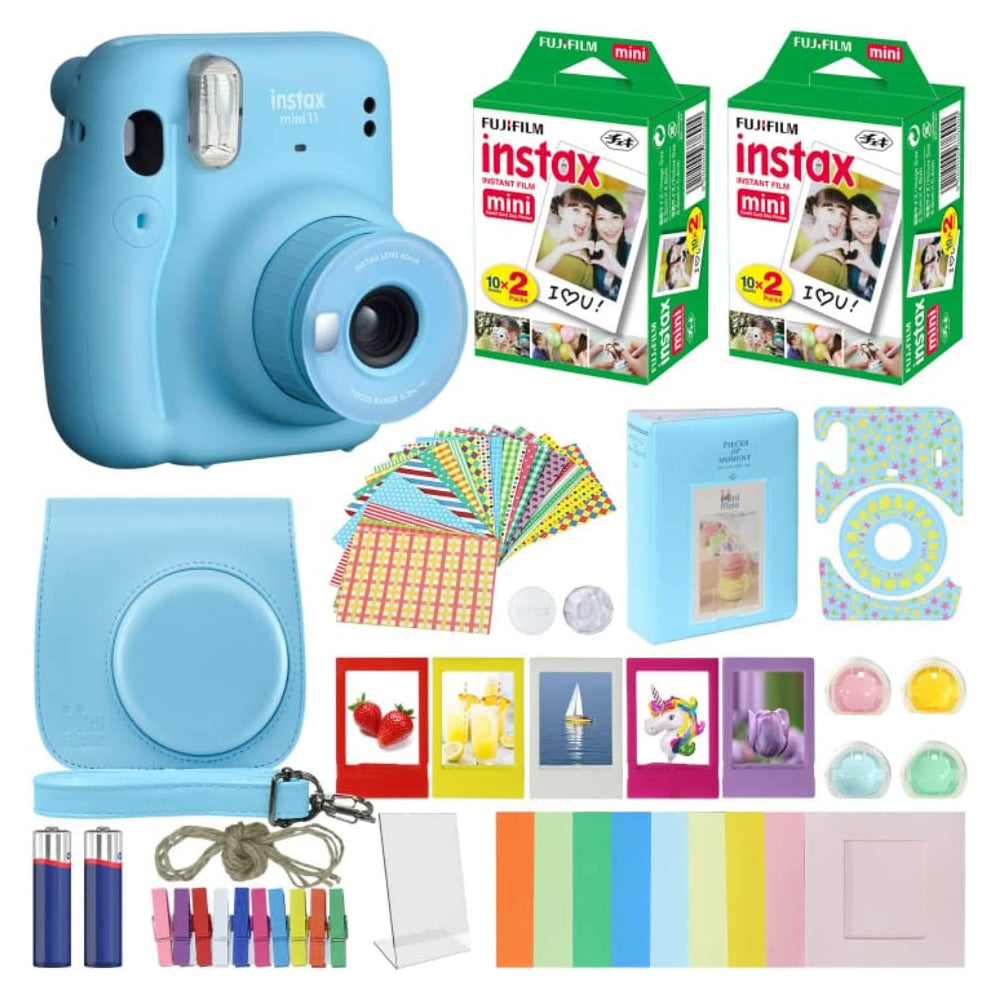 Fujifilm Instax Mini 11 Instant Camera + MiniMate Accessories Bundle + Fuji Instax Film Value Pack (40 Sheets) Accessories Bundle, Color Filters, Album, Frames Sky Blue