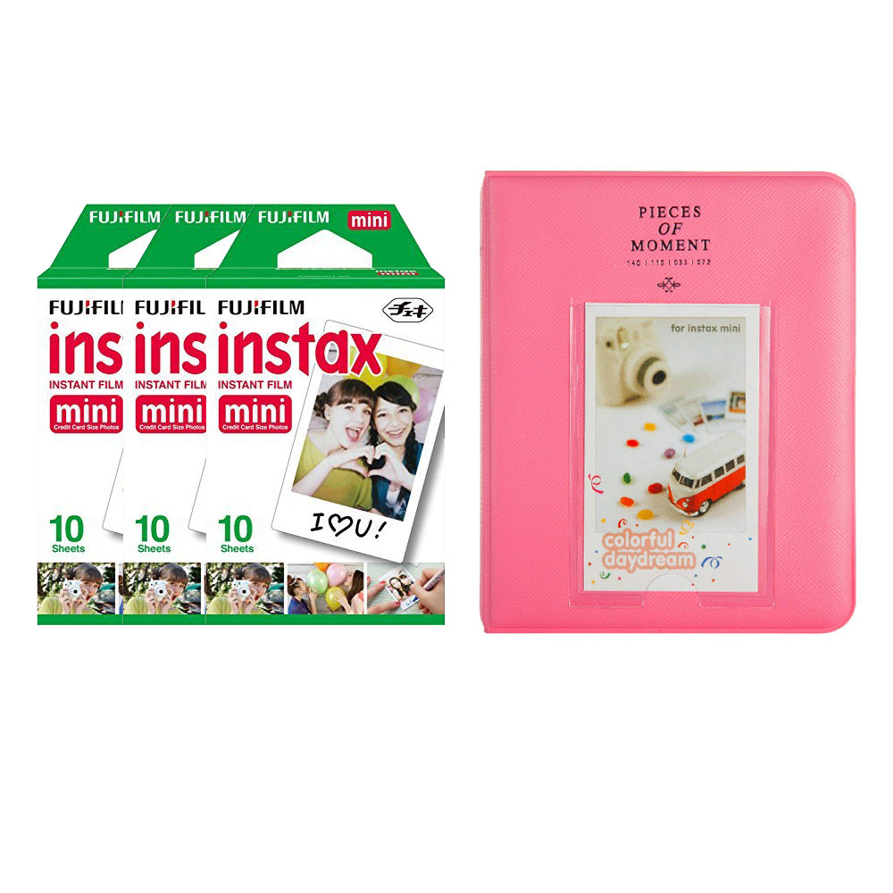 Fujifilm Instax Mini 3 Pack of 10 Sheets Instant Film with Instax Time Photo Album 64-Sheets Flamingo pink