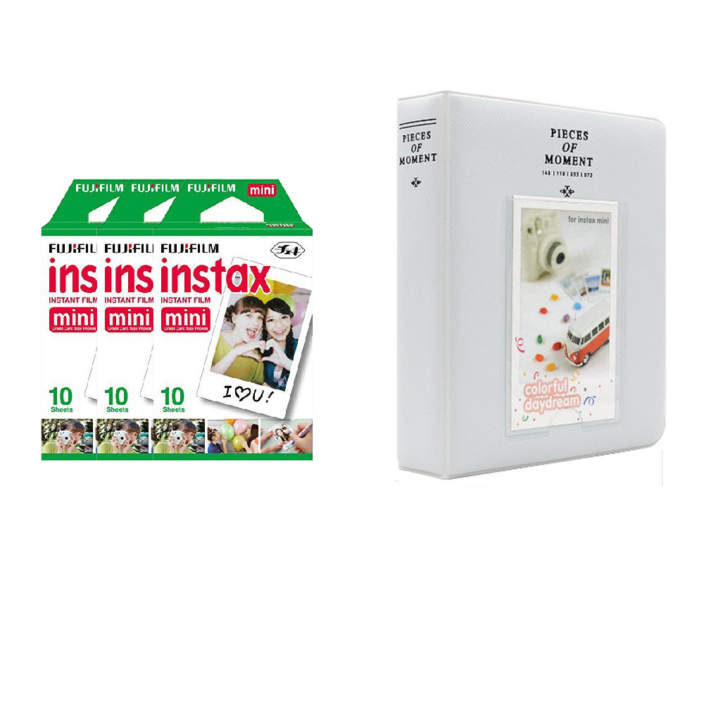 Fujifilm Instax Mini 3 Pack of 10 Sheets Instant Film with Instax Time Photo Album 64-Sheets Pearly White