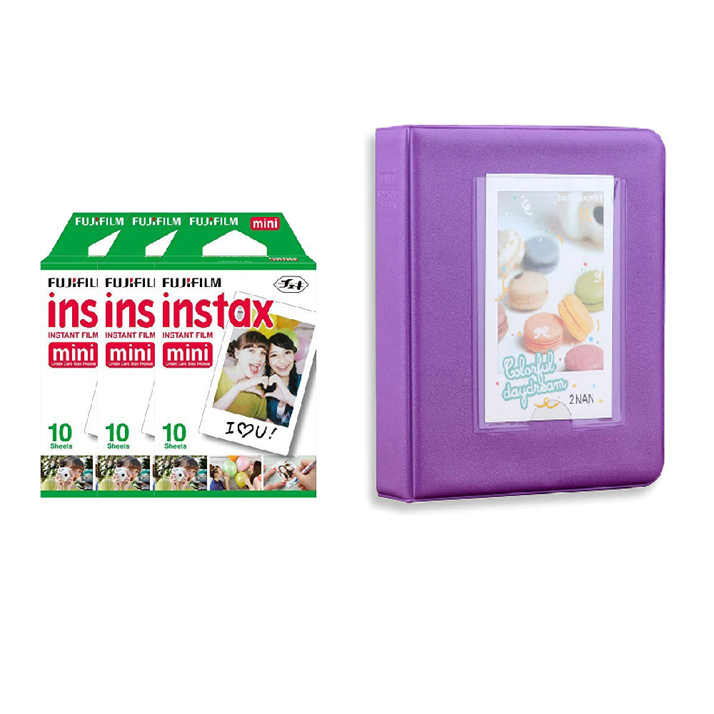 Fujifilm Instax Mini 3 Pack of 10 Sheets Instant Film with Instax Time Photo Album 64-Sheets Violet Purple
