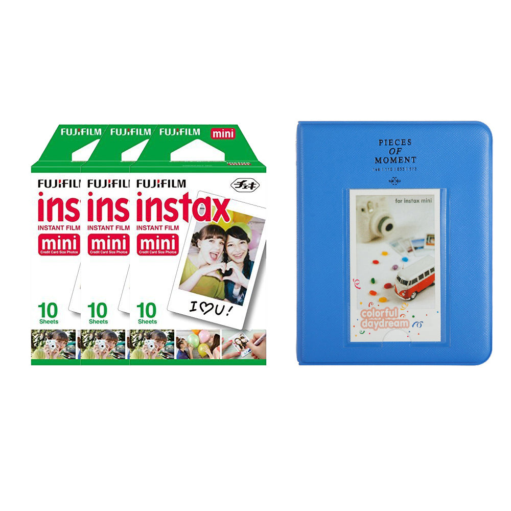 Fujifilm Instax Mini 3 Pack of 10 Sheets Instant Film with Instax Time Photo Album 64-Sheets Cobalt blue