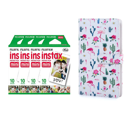 Fujifilm Instax Mini 4 Pack 10 Sheets Instant Film with 96-sheet Album for mini film Flamingo catus