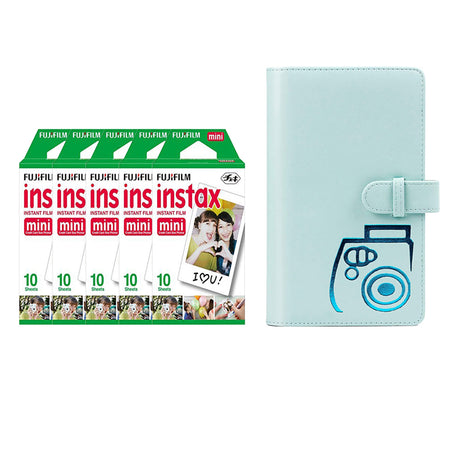 Fujifilm Instax Mini 5 Pack 10 Sheets Instant Film with 96-sheet Album for mini film Ice blue