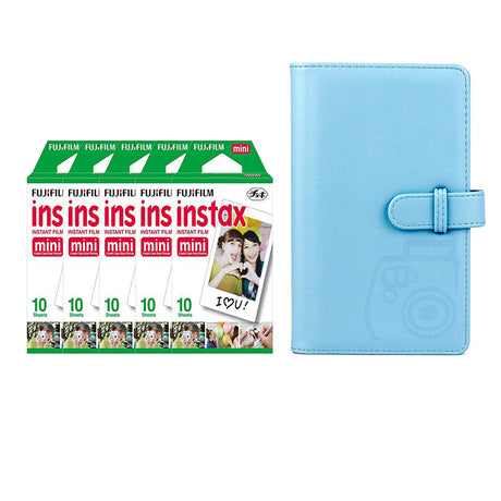 Fujifilm Instax Mini 5 Pack 10 Sheets Instant Film with 96-sheet Album for mini film Sky blue