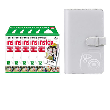 Fujifilm Instax Mini 5 Pack 10 Sheets Instant Film with 96-sheet Album for mini film Smoky white