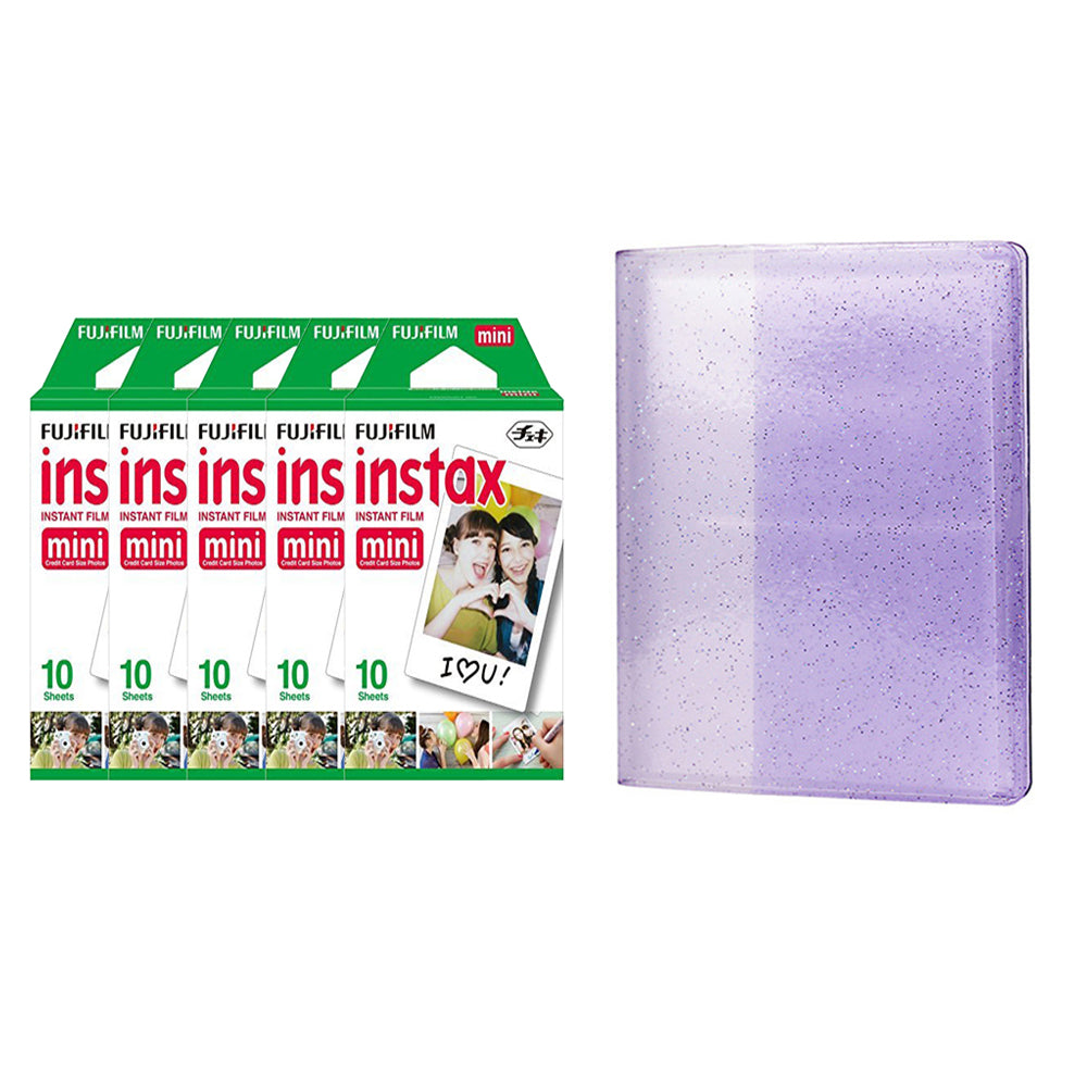 Fujifilm Instax Mini 5 Pack of 10 Sheets Instant Film with 64-Sheets Album For Mini Film 3 inch Lilac purple