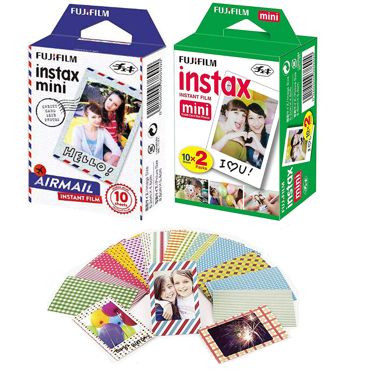 Fujifilm Instax Mini Film Airmail 10 Pack, White 20 Pack with 20 Decorative Skin Stickon Stickers Variety Design Kit (30 Shots)