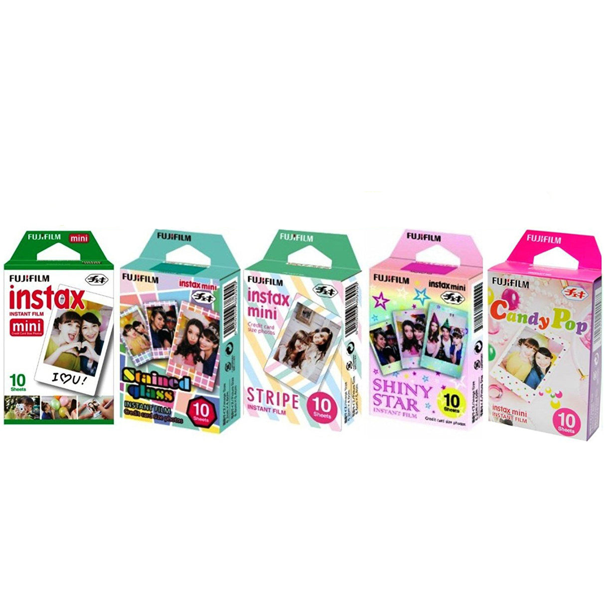 Fujifilm Instax Mini Instant Film 5 Pack BUNDLE, Candy Pop, Stained Glass, Stripe, Shiny Star, Single pack : 10 sheets X 5 Pack