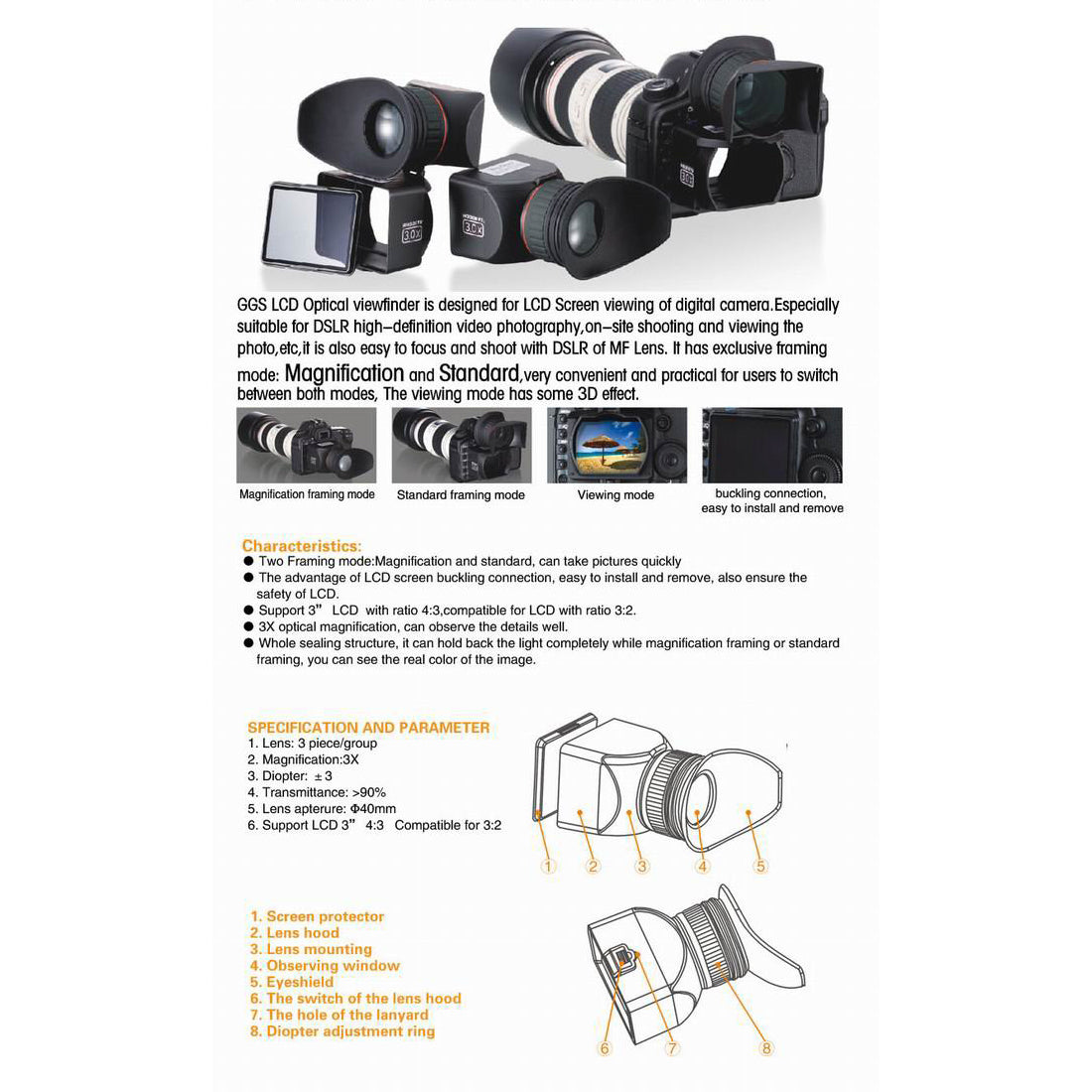 GGS Perfect HD DSLR LCD Foldable Viewfinder with 3.0x Magnification