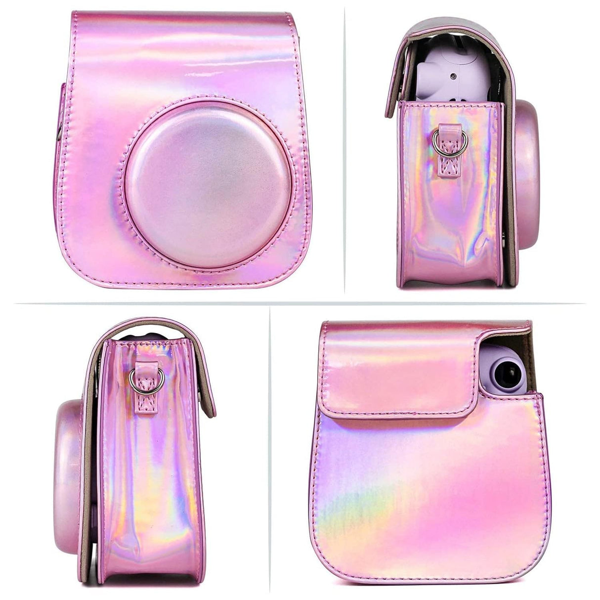 ZIKKON PU Leather Protective Camera Case Pouch for Fuji-Film Instant Insta-x Mini 11, Mini 9, Instant Camera Carrying Bag with Adjustable Shoulder Strap_Holographic Pink