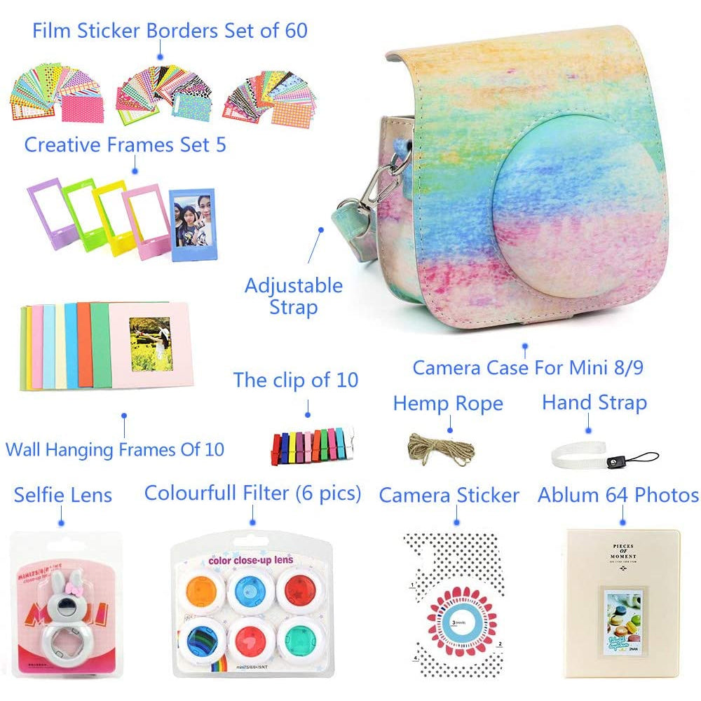 ZENKO for Instax Mini 9 8 Camera Accessories kit Bundle, Includes; Instax Instant Camera Case + Album + Frames & Stickers + Lens Filters + More