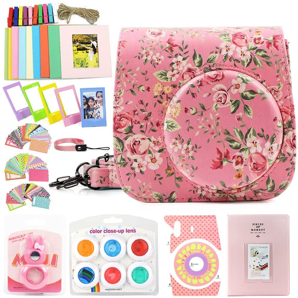 ZENKO for Instax Mini 9 8 Camera Accessories kit Bundle, Includes; Instax Instant Camera Case + Album + Frames & Stickers + Lens Filters + More Rose Pink