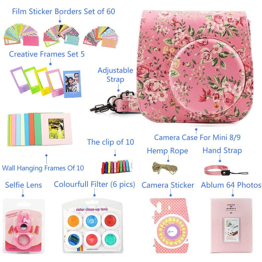 ZENKO for Instax Mini 9 8 Camera Accessories kit Bundle, Includes; Instax Instant Camera Case + Album + Frames & Stickers + Lens Filters + More Rose Pink