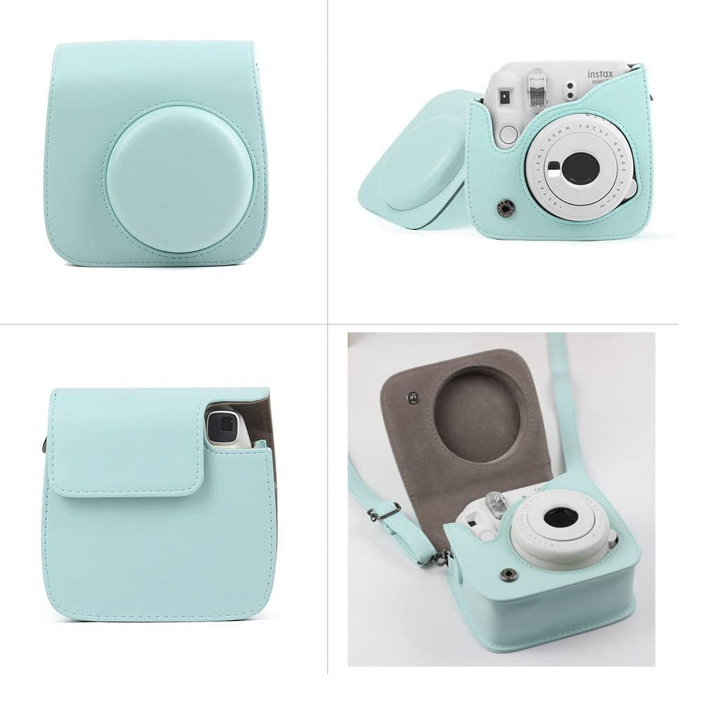 ZENKO Mini Camera Case for Instax Mini 9 8 8+ Instant Film Camera Premium PU Leather with Shoulder Strap Ice Blue