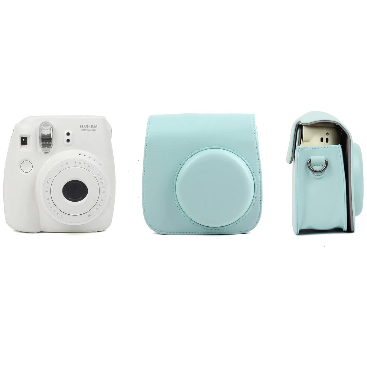 ZENKO Mini Camera Case for Instax Mini 9 8 8+ Instant Film Camera Premium PU Leather with Shoulder Strap Ice Blue