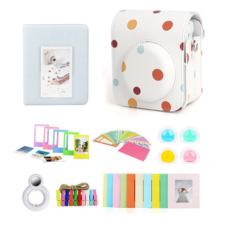 ZIKKON 7 in 1 Accessory Bundle for Mini 12 Instant Camera, Include PU leather Case, Mini Picture Album, Frames, DIY Stickers, Color Filter, Selfie Mirror, Paper Bunting(No Camera) - Color wave dot
