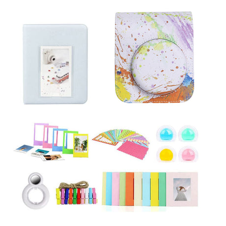 ZIKKON 7 in 1 Accessory Bundle for Mini 12 Instant Camera, Include PU Leather Case, Mini Picture Album, Frames, DIY Stickers, Color Filter, Selfie Mirror, Paper Bunting(No Camera) - Speckle ink Watercolor
