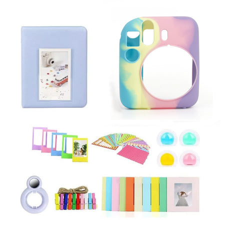 ZIKKON 7 in 1 Accessory Bundle for Mini 12 Instant Camera, Include Silicone Protactive Case, Mini Picture Album, Frames, DIY Stickers, Color Filter, Selfie Mirror, Paper Bunting(No Camera) - blue rainbow
