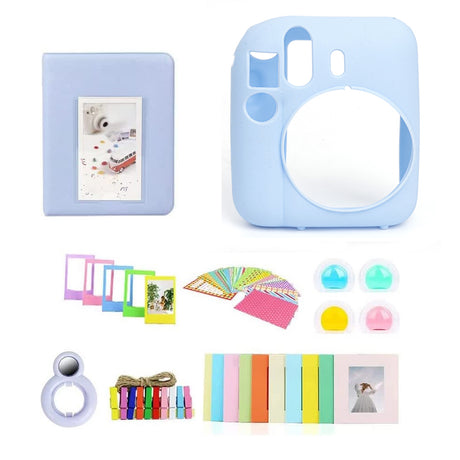 ZIKKON 7 in 1 Accessory Bundle for Mini 12 Instant Camera, Include Silicone Protactive Case, Mini Picture Album, Frames, DIY Stickers, Color Filter, Selfie Mirror, Paper Bunting(No Camera) - Pastel Blue
