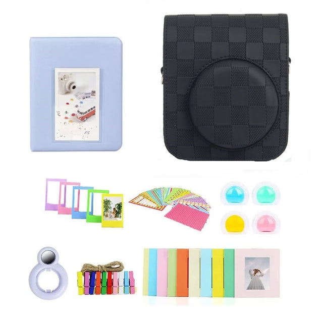 ZIKKON 7 in 1 Accessory Bundle for Mini 12 Instant Camera, Include PU Leather Checker board Case, Mini Picture Album, Frames, DIY Stickers, Color Filter, Selfie Mirror, Paper Bunting(No Camera) - Black
