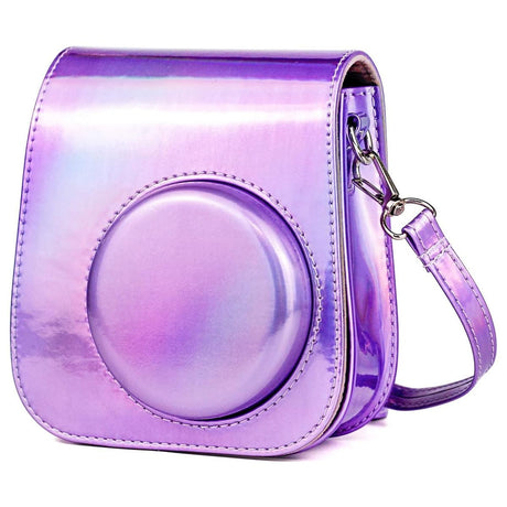 ZIKKON PU Leather Protective Camera Case Pouch for Fuji-Film Instant Insta-x Mini 11, Mini 9, Instant Camera Carrying Bag with Adjustable Shoulder Strap_Holographic Purple