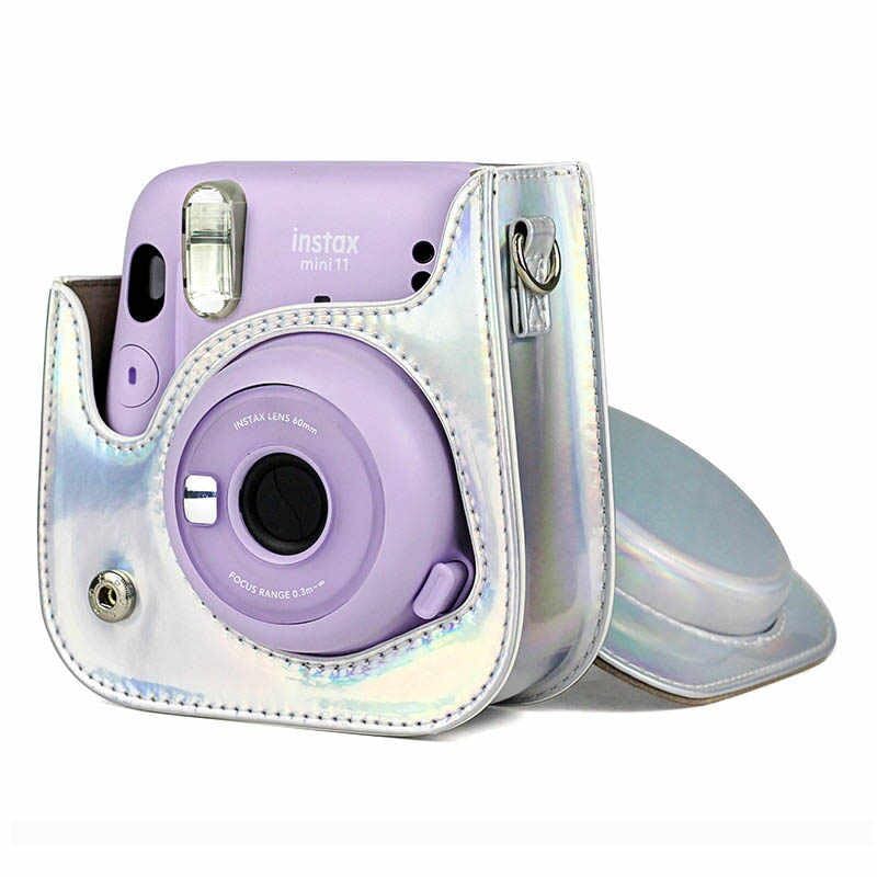 ZIKKON PU Leather Protective Camera Case Pouch for Fuji-Film Instant Insta-x Mini 11, Mini 9, Instant Camera Carrying Bag with Adjustable Shoulder Strap_Holographic Silver