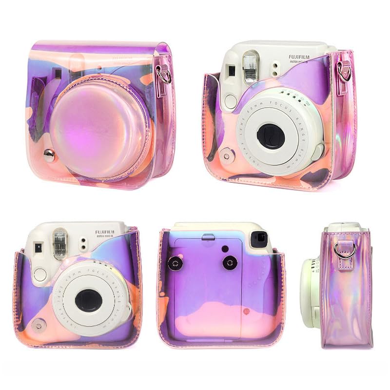 ZIKKON PU Leather Protective Camera Case Pouch for Fuji-Film Instant Insta-x Mini 11, Mini 9, Instant Camera Carrying Bag with Adjustable Shoulder StrapI ridescent Clear