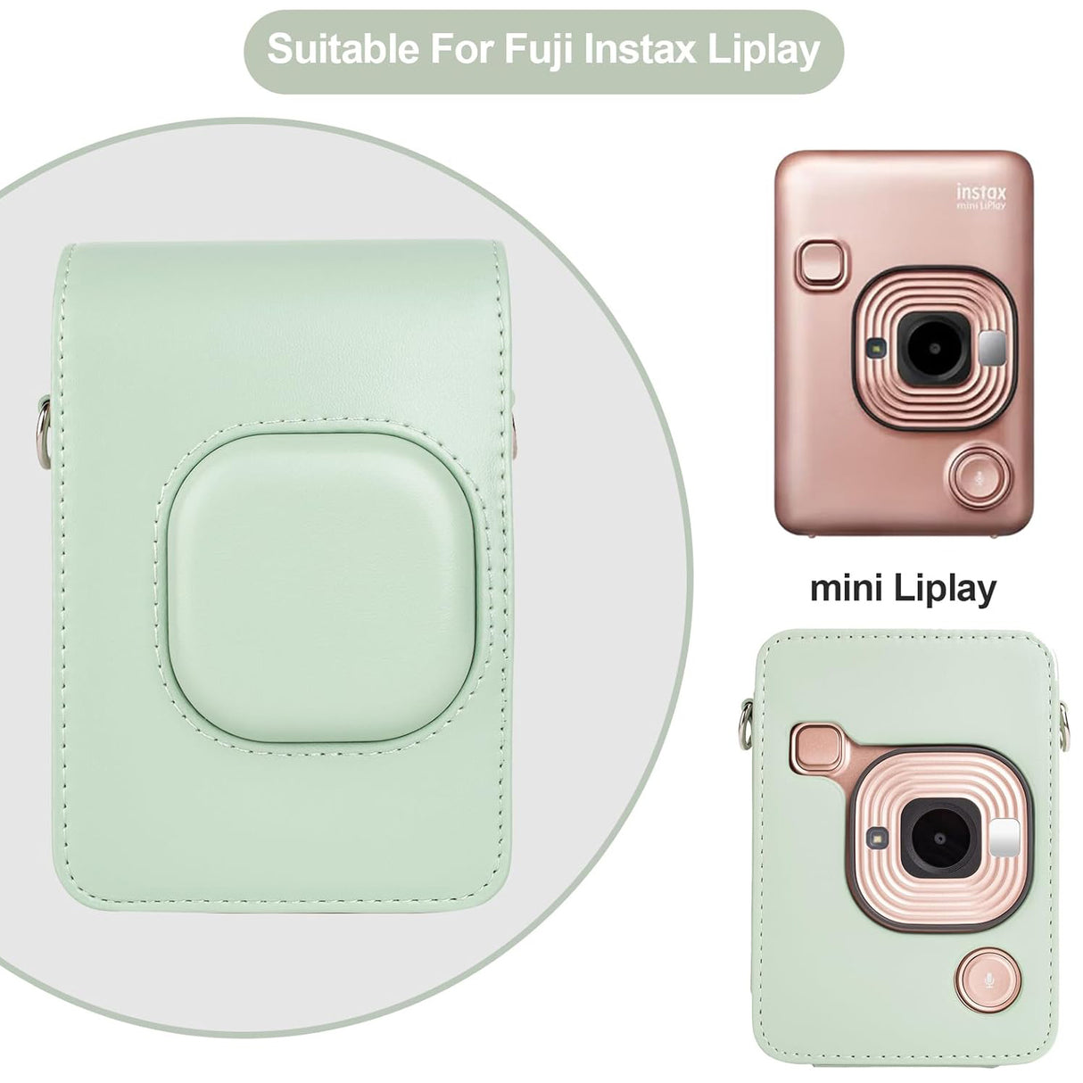 ZIKKON Protective Case for Fuji instax mini liplay Camera with adjustable neck strap quick detachable- Matcha Green
