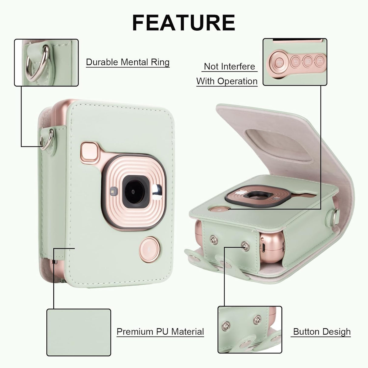 ZIKKON Protective Case for Fuji instax mini liplay Camera with adjustable neck strap quick detachable- Matcha Green
