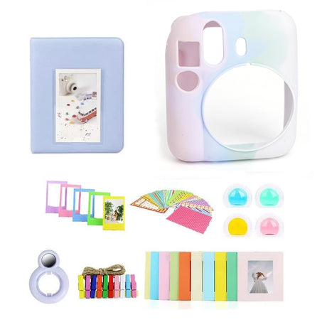 ZIKKON 7 in 1 Accessory Bundle for Mini 12 Instant Camera, Include Silicone Protactive Case, Mini Picture Album, Frames, DIY Stickers, Color Filter, Selfie Mirror, Paper Bunting(No Camera) - Shallow blue
