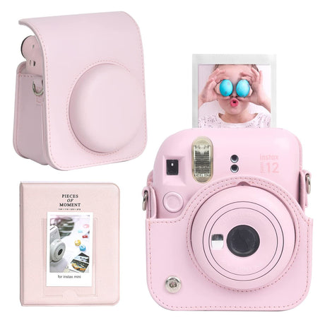 Zikkon Instax Mini 12 Protective Camera Case PU Leather Carrying Bag with 64 Pockets Photo Album Blossom Pink
