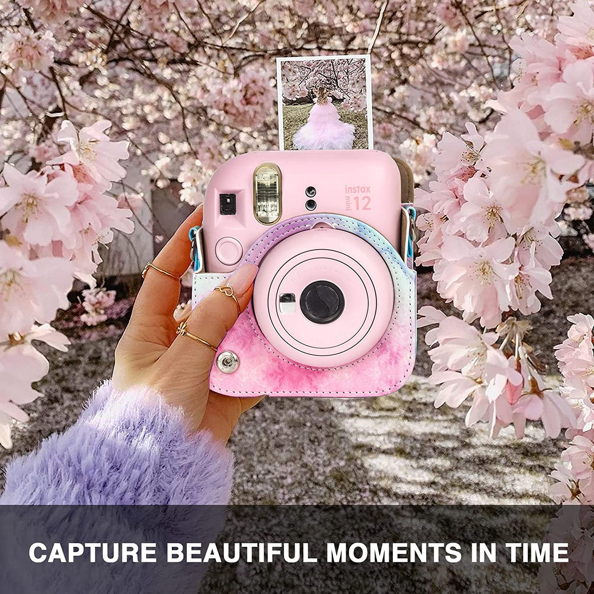 Zikkon Instax Mini 12 Protective Camera Case PU Leather Carrying Bag Blue/Pink Watercolor
