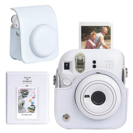 Zikkon Instax Mini 12 Protective Camera Case PU Leather Carrying Bag with 64 Pockets Photo Album Clay White