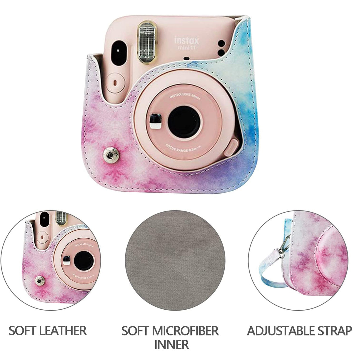 Zenko Instax mini 11 Camera PU Leather Case Bag Blue-Pink Watercolor