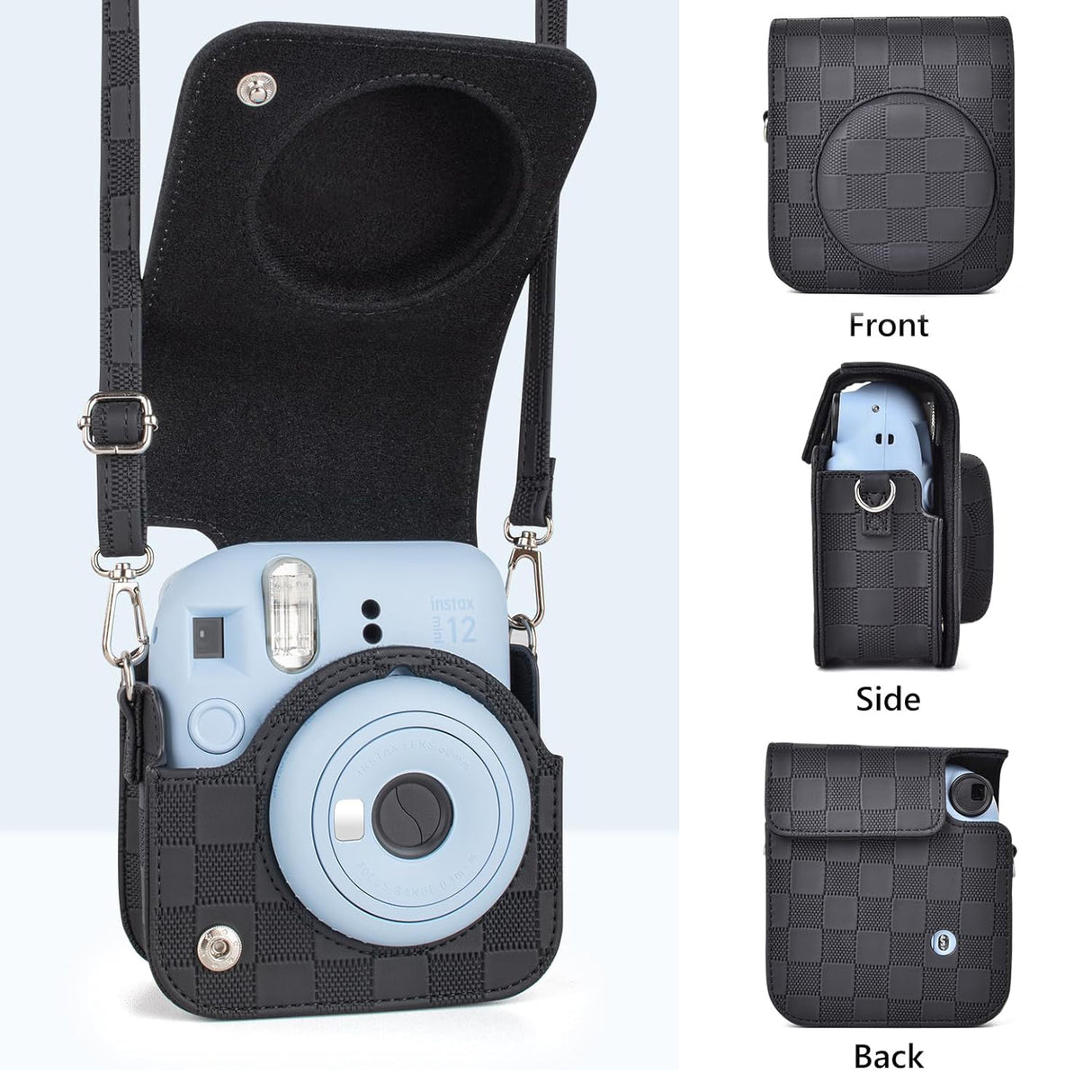 Zikkon Instax Mini 12 Protective Camera Case PU Leather Checkerboard Style Carrying Bag Black