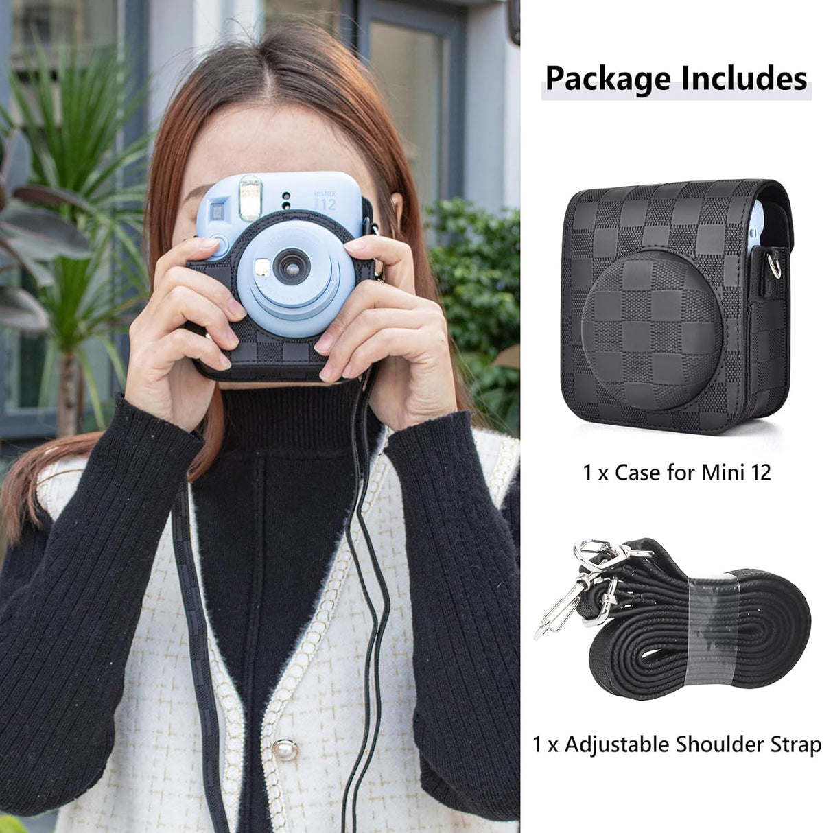 Zikkon Instax Mini 12 Protective Camera Case PU Leather Checkerboard Style Carrying Bag Black