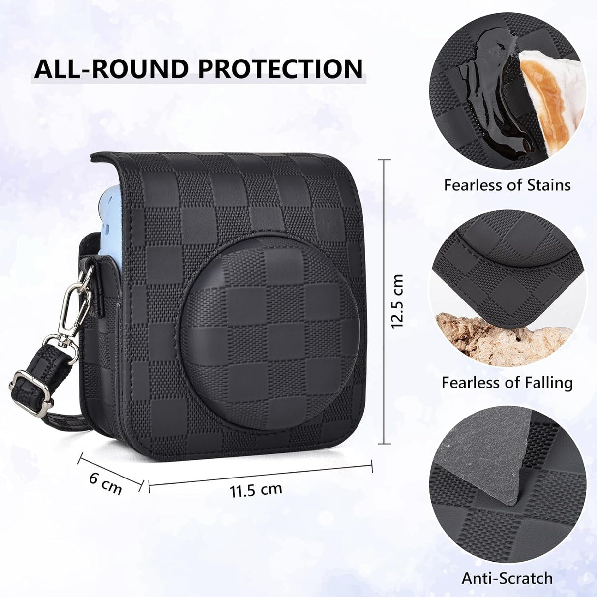 Zikkon Instax Mini 12 Protective Camera Case PU Leather Checkerboard Style Carrying Bag Black